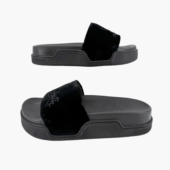 Christian Louboutin 'Navy Pool' Slide Sandals Size 37 US 7 Black Velvet Logo 25 - Picture 8 of 12